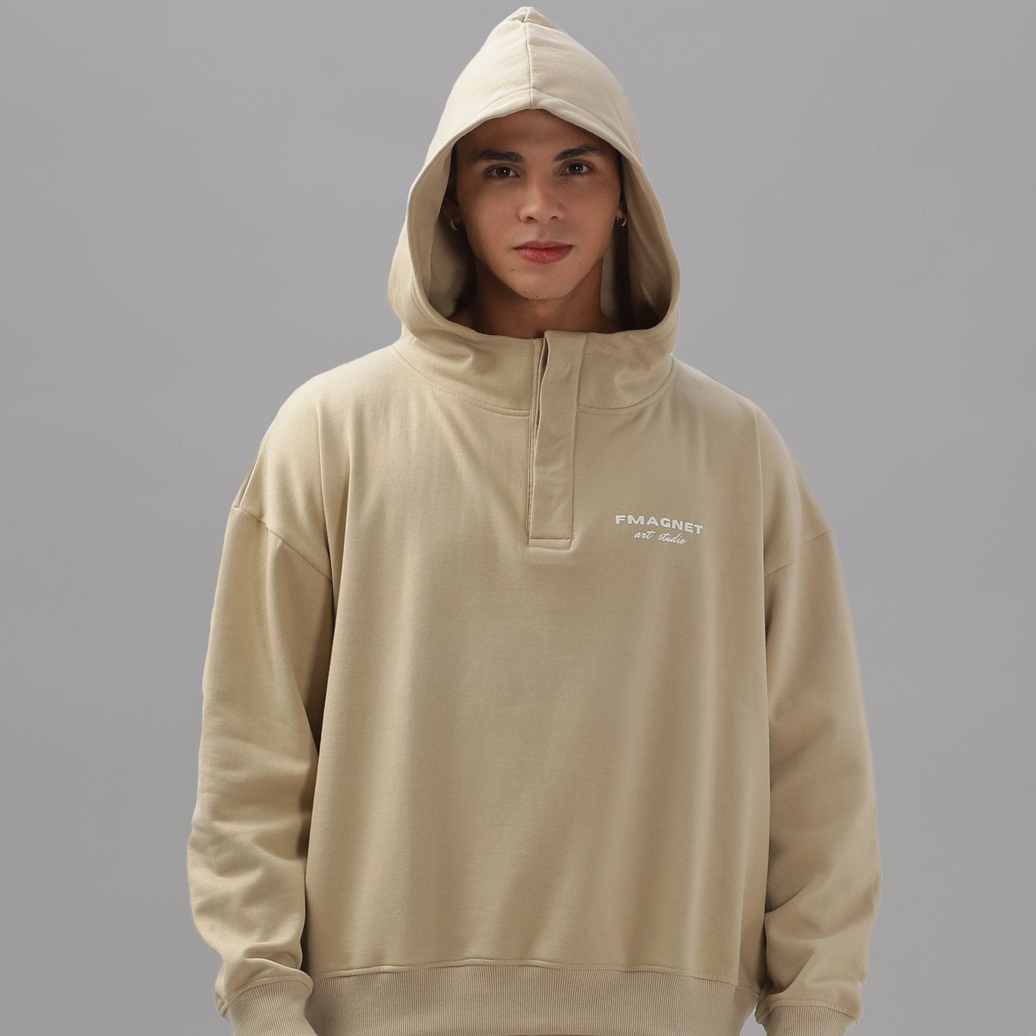 Triple Snap Unisex Hoodie - Beige