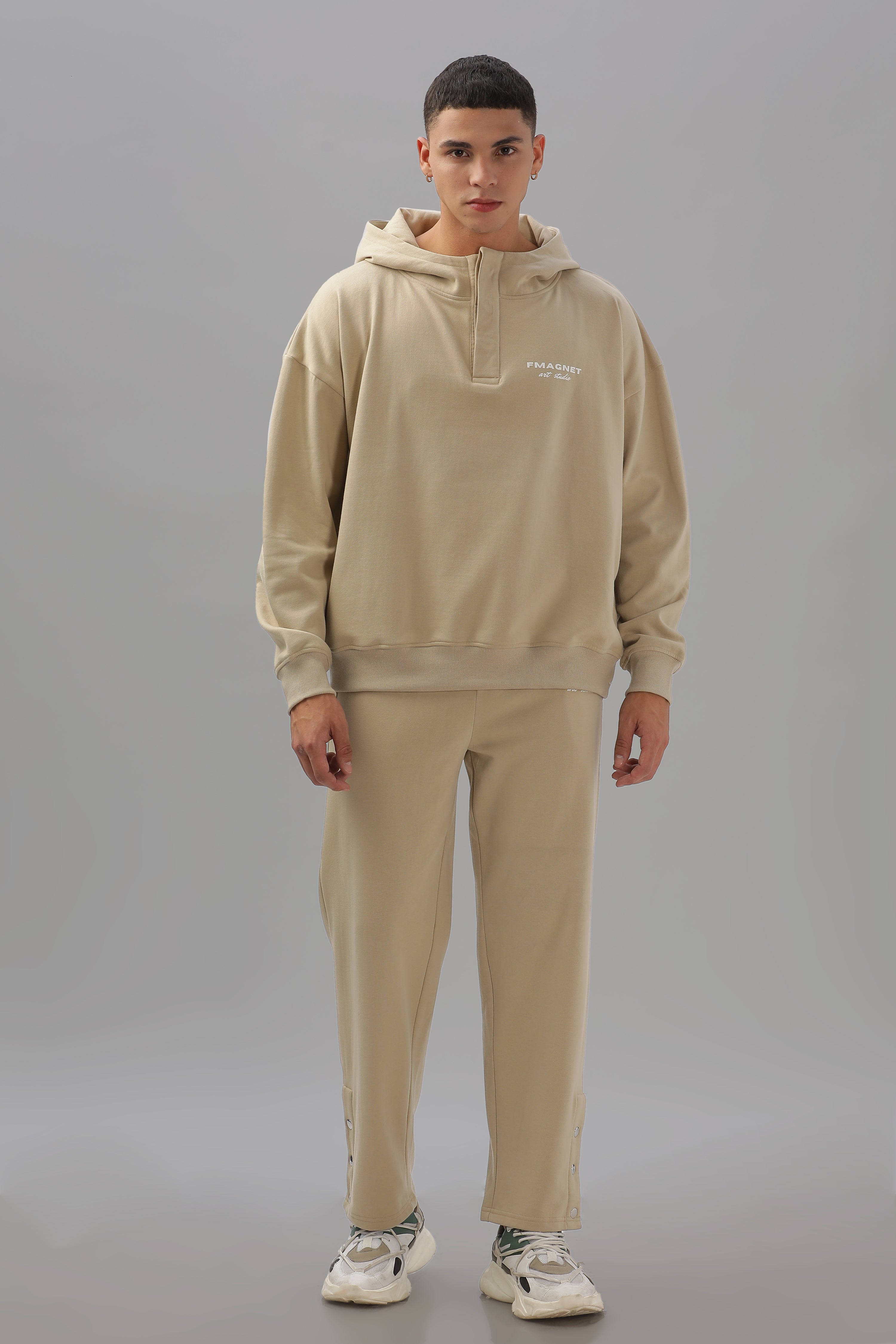 Triple Snap Unisex Hoodie - Beige