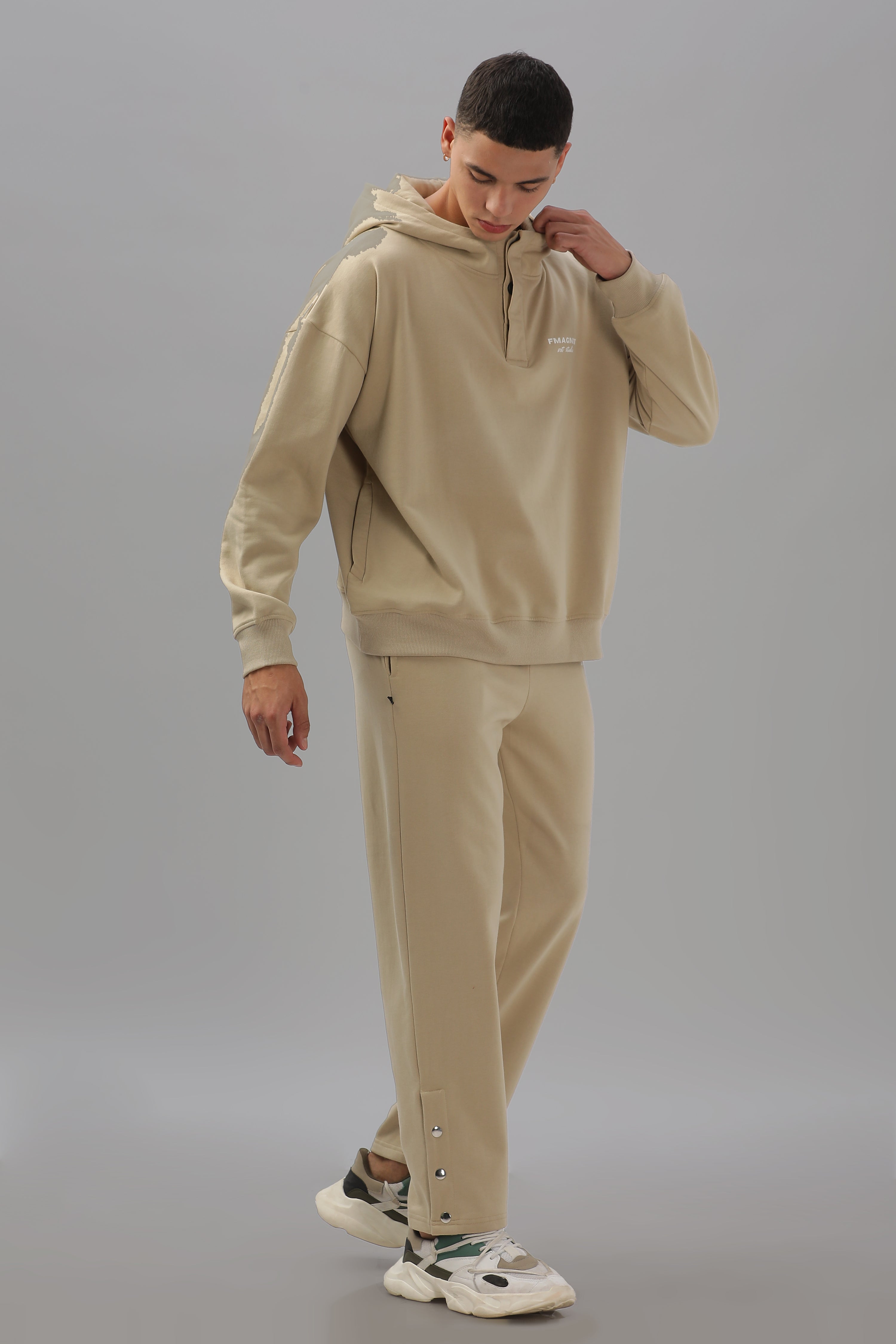 Triple Snap Unisex Hoodie - Beige