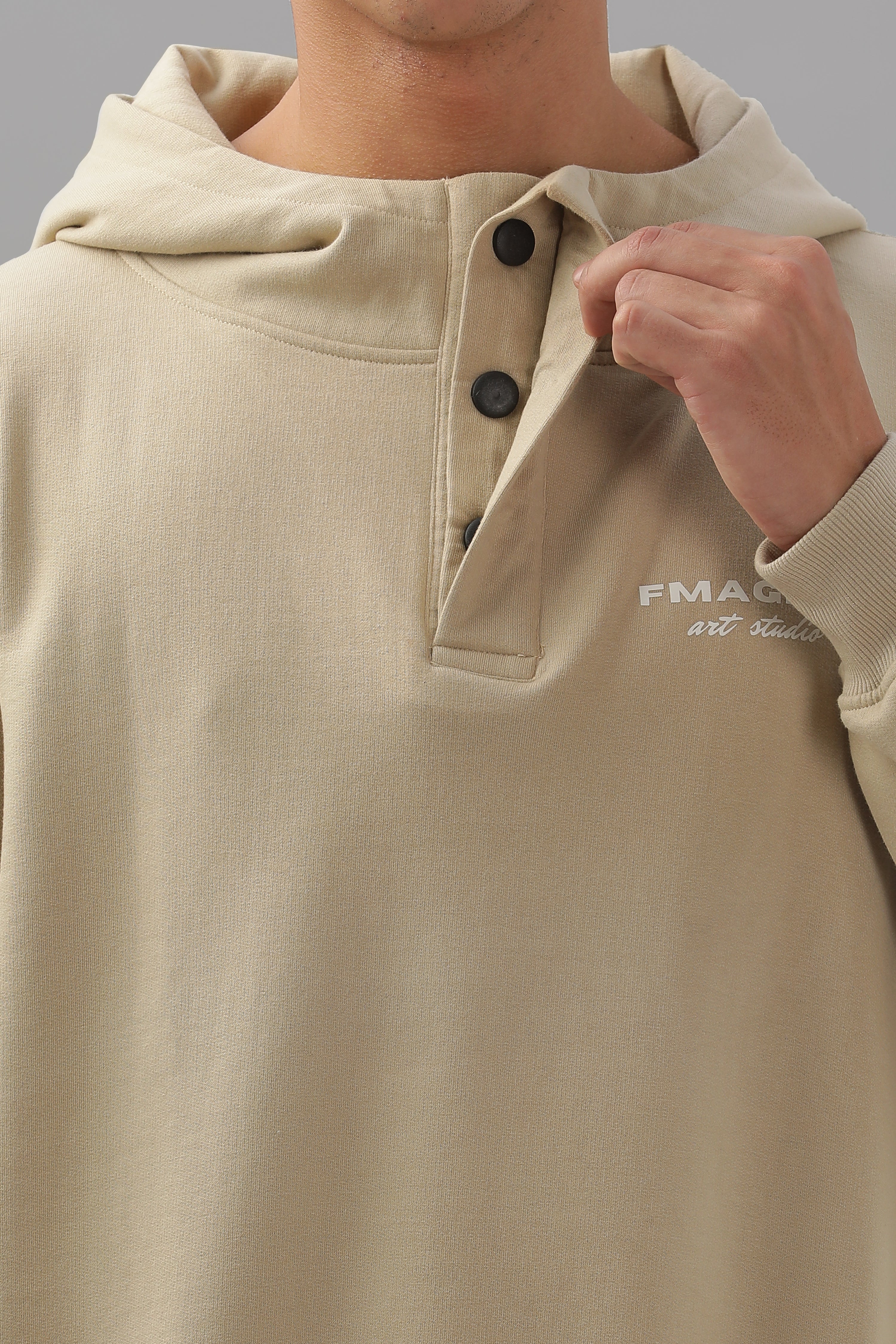 Triple Snap Unisex Hoodie - Beige