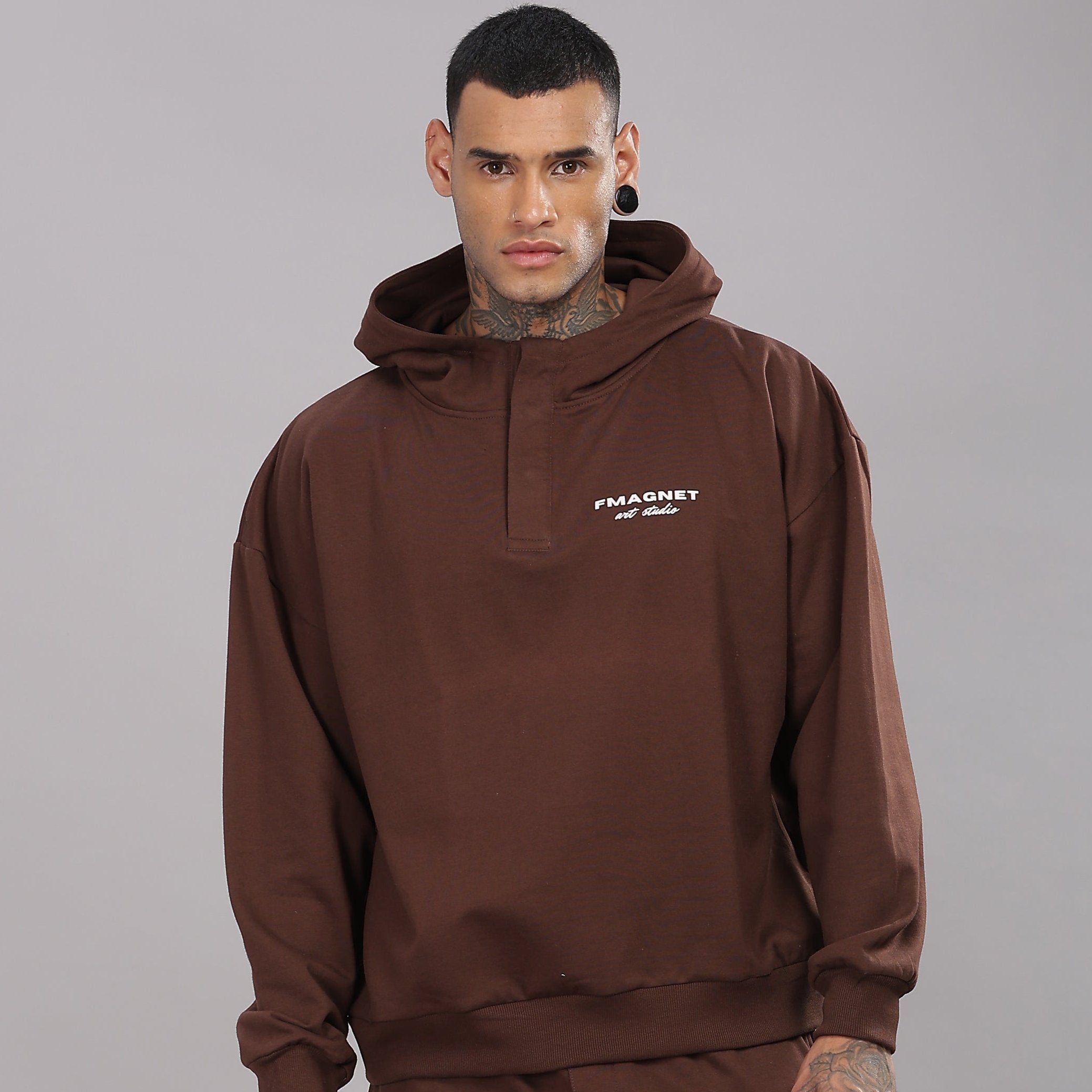 Triple Snap Unisex Hoodie - Brown