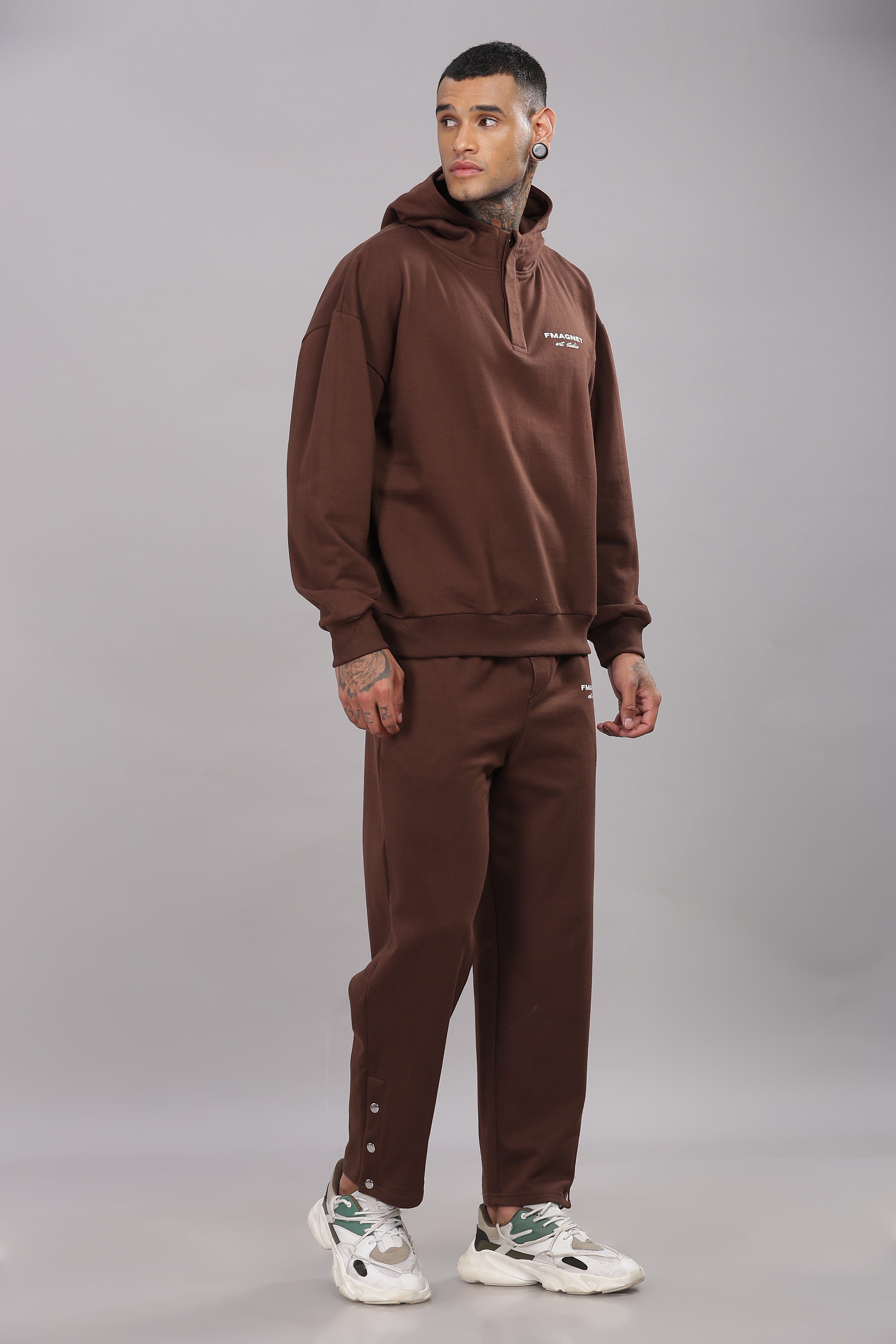 Triple Snap Unisex Hoodie - Brown