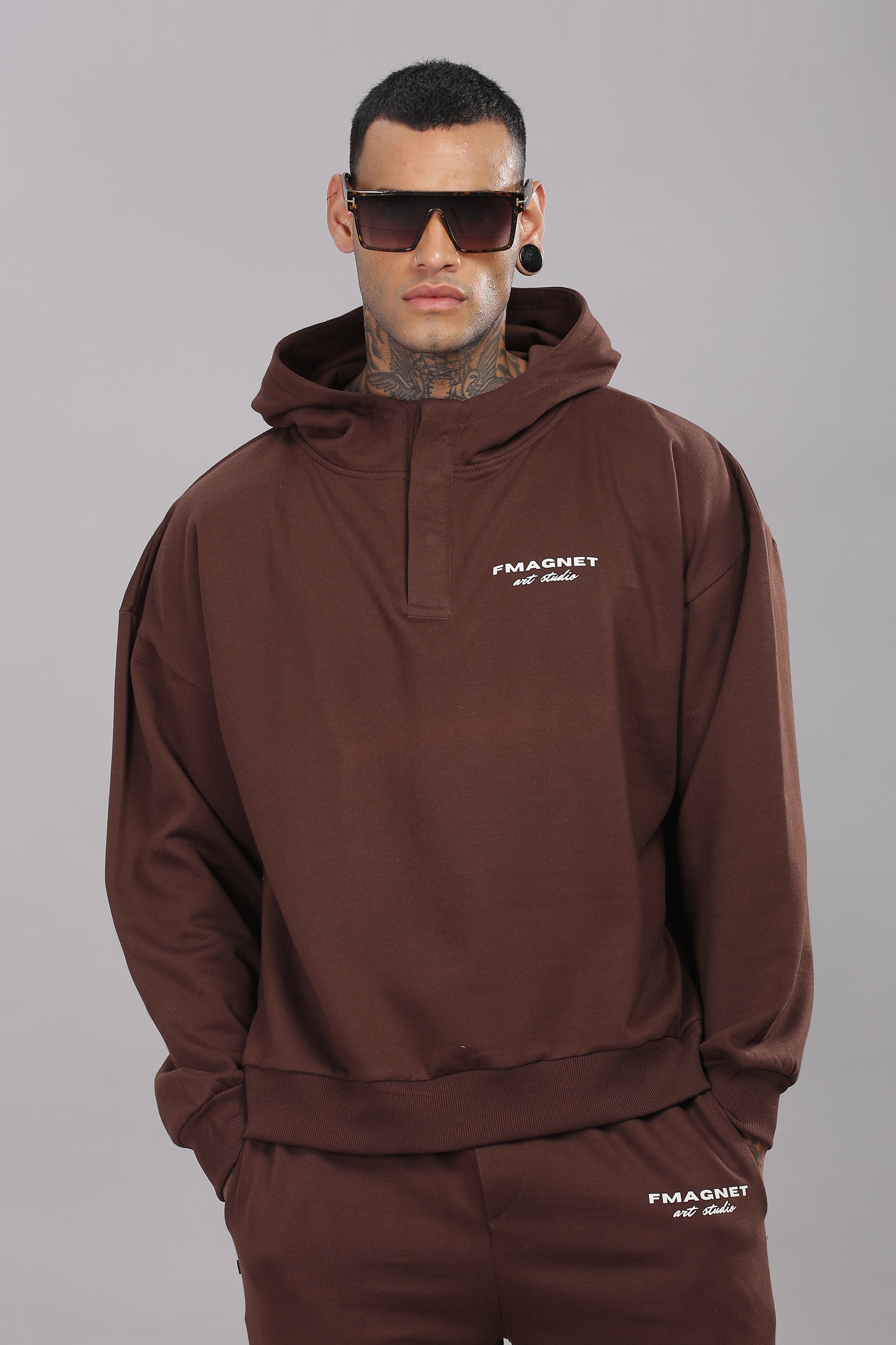 Triple Snap Unisex Hoodie - Brown